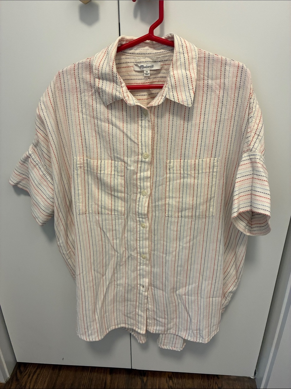 Madewell Cream Short-Sleeve Button-Up with Red, Blue and Pink stitch Stripes